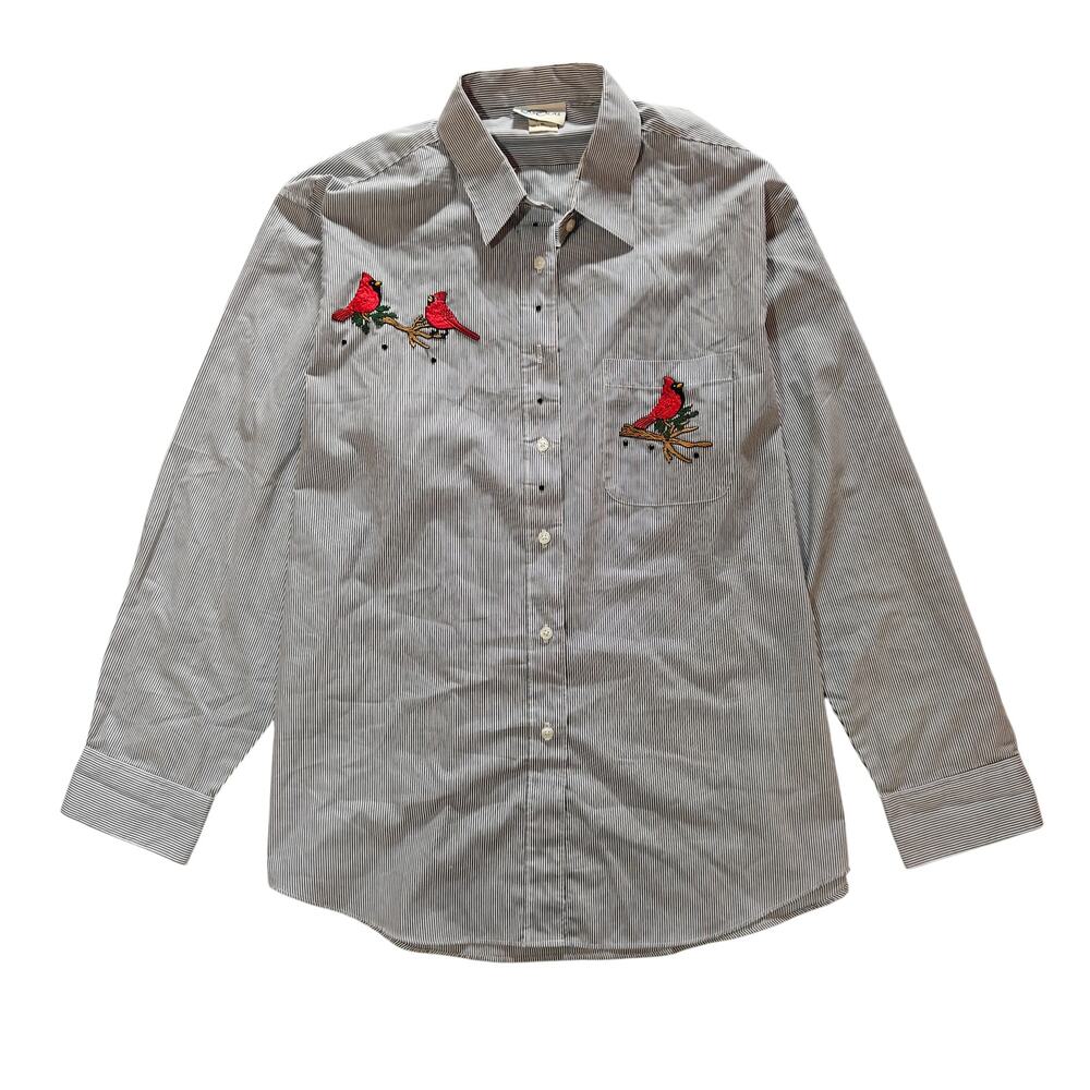 Las Olas Cardinal Embroidered Striped Button Up Shirt Mens XL Birdcore